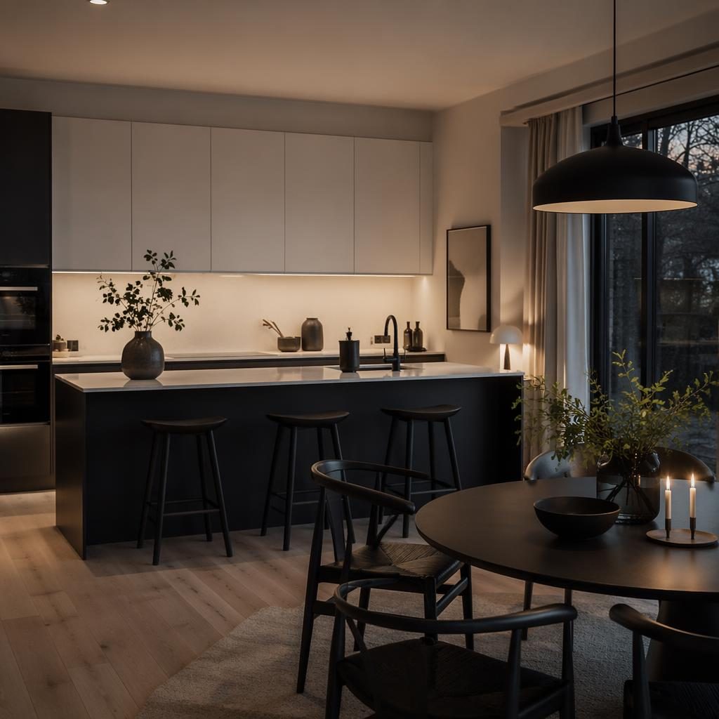 Scandinavian kitchen commercial interior with black and white palette, warm evening light, natural materials, plants and art
