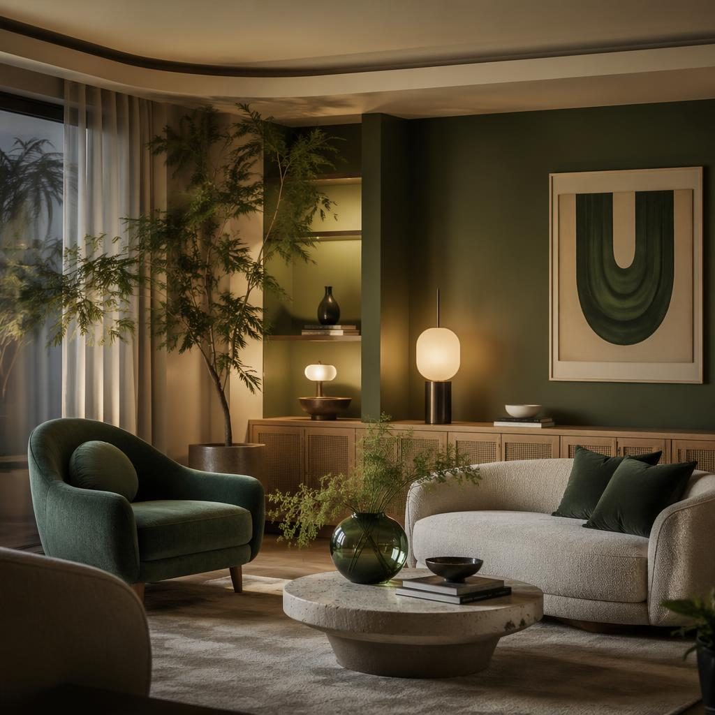 Realistic japandi home office with sage and cream palette, natural wood furniture, plants, textiles, wall art, warm evening light
