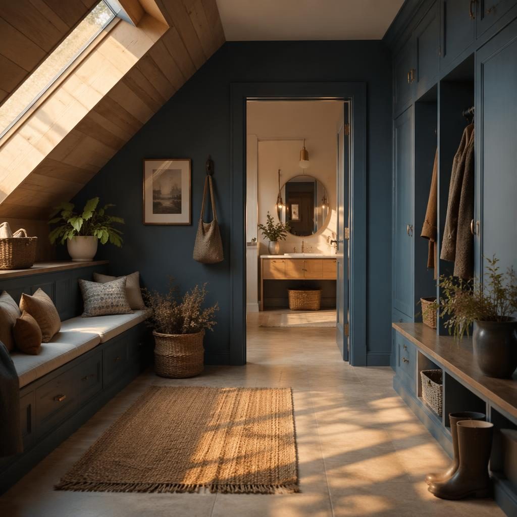 Modernes minimalistisches Badezimmer mit blauen Akzenten, Messingdetails, Naturmaterialien, Pflanzen und warmem Abendlicht.