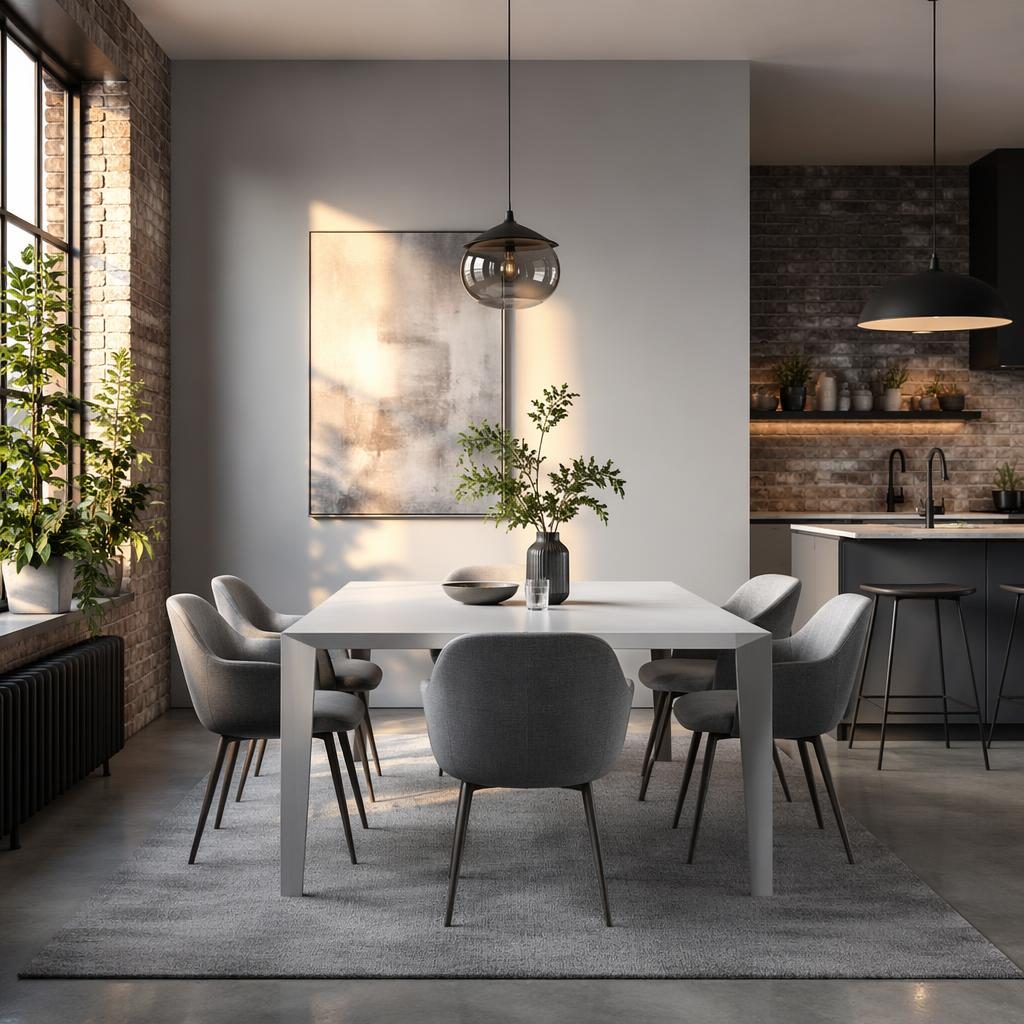 Comedor minimalista en blanco y gris con luz dorada, muebles de madera, plantas y cocina industrial de ladrillo visto.