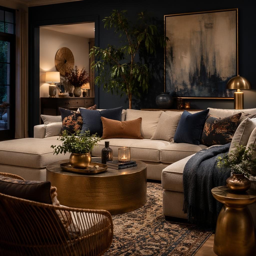 Boho living room with warm neutral tones, blue and brass accents, plants, art, textiles, and evening light