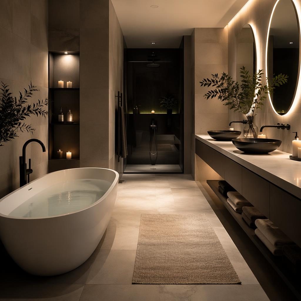 Spa baño de lujo contemporáneo en blanco y negro, luz cálida de tarde, materiales naturales, plantas, arte y textiles.