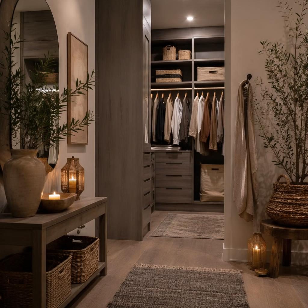 Japandi entryway interior render with cool grey palette, warm evening light, natural materials, plants, art and textiles