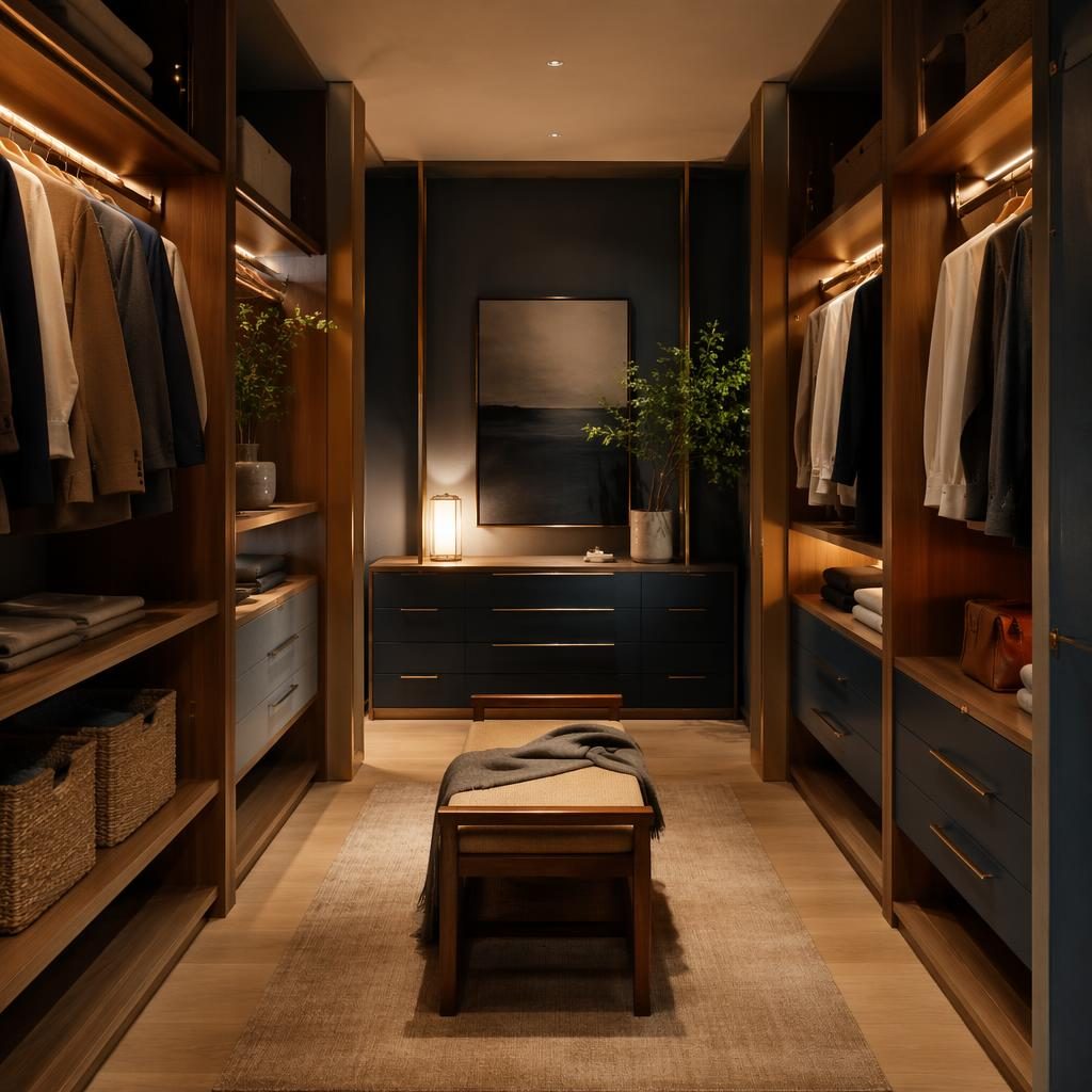 Japandi walk-in closet with blue and brass accents, warm wood furniture, plants, art, textiles, and soft evening light