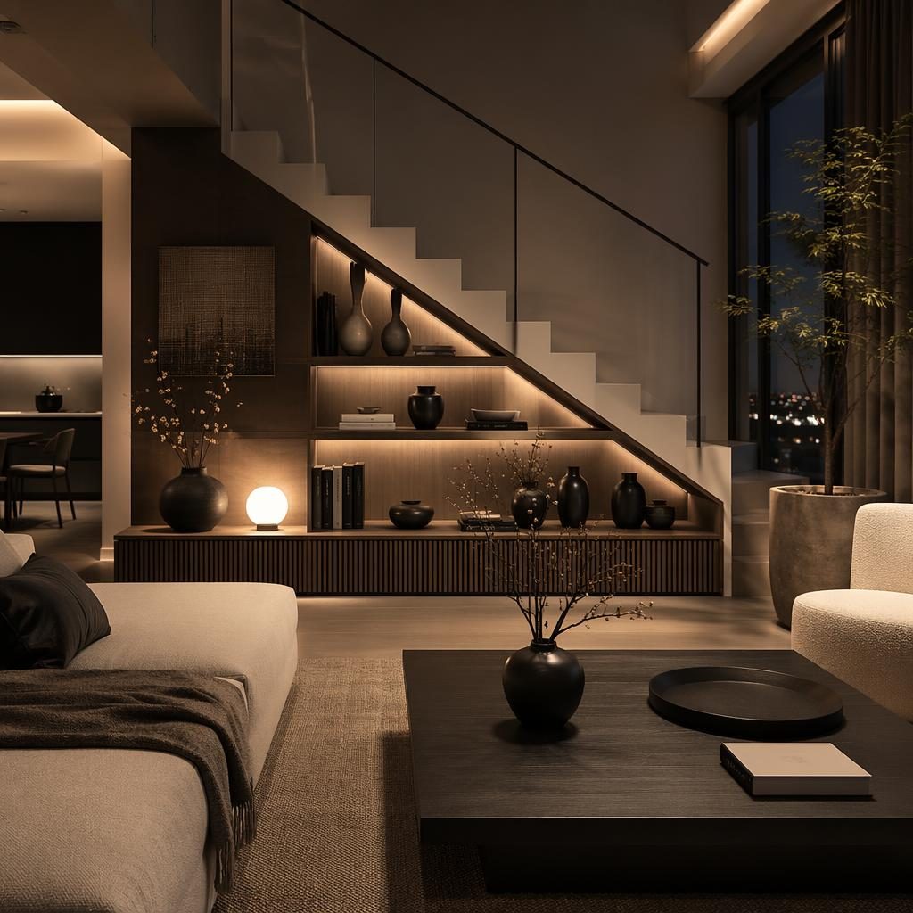 Salon penthouse japandi noir et blanc, ambiance du soir, matières naturelles, plantes, art textile, sans personne