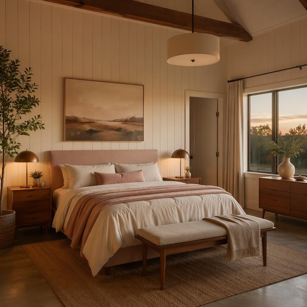 Pastel pink and beige bedroom with warm evening light, natural materials, plants, art, textiles, and a styled layout