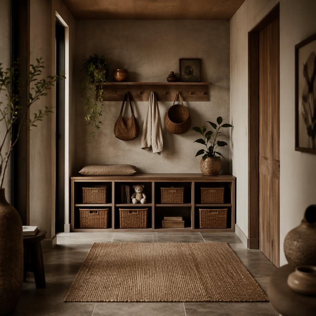 Moody Japandi-Arbeitszimmer im Wabi-Sabi-Stil mit Naturmaterialien, Erdtönen, Stauraum, Pflanzen, Kunst und Textilien