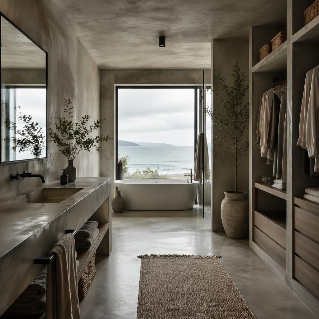 Industrial bathroom interior in raw concrete with sage and cream accents, plants, textiles, and soft overcast light.