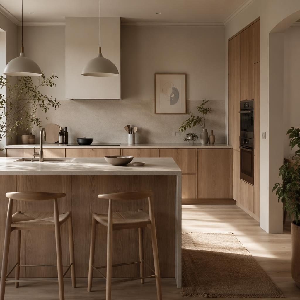 Realistic Scandinavian kitchen interior with warm neutral tones, soft daylight, natural materials, plants, art, and textiles.