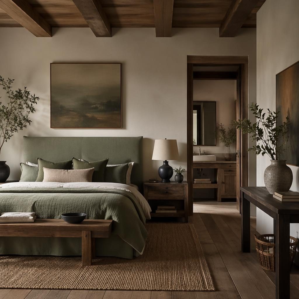 Cocina contemporánea de lujo en verde salvia y crema, con madera natural, plantas, textiles y luz ambiental tenue