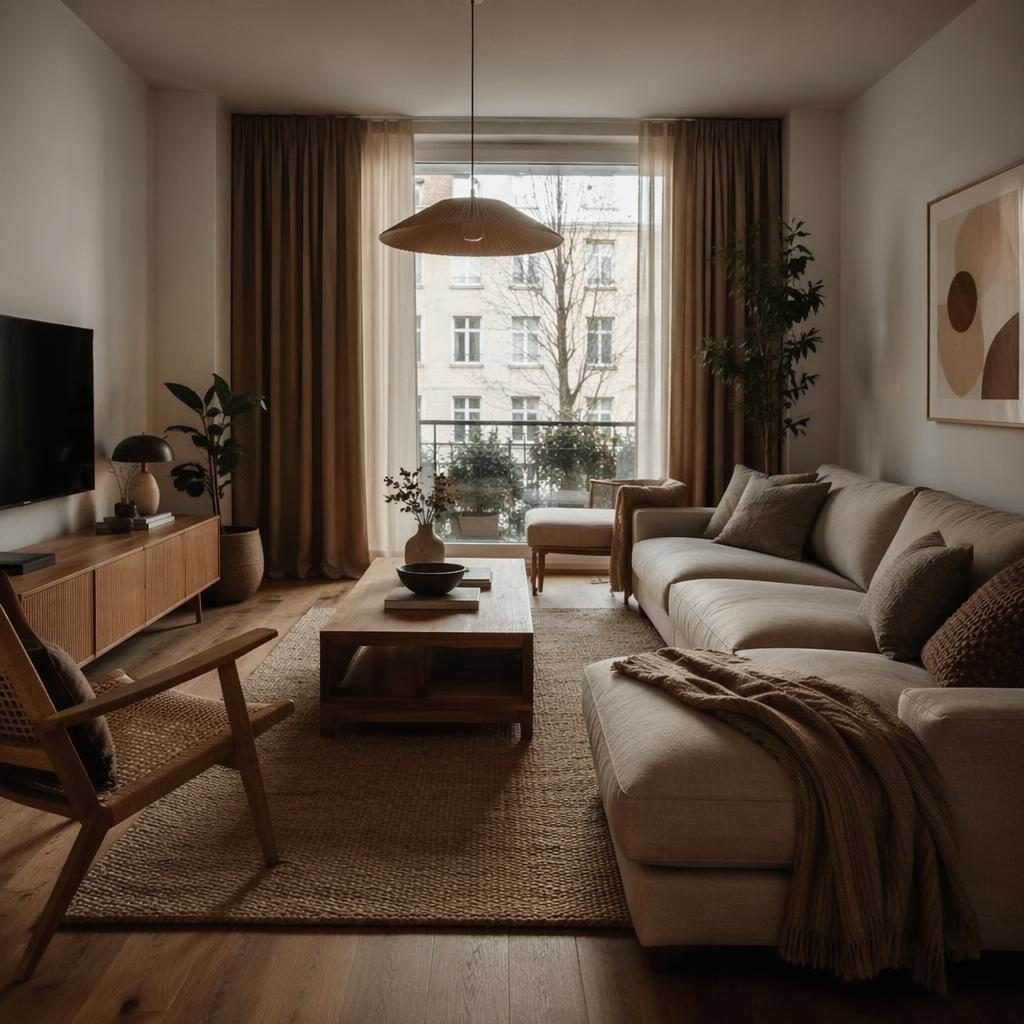 Mid-Century-Wohnzimmer in warmen Naturtönen mit Holz, Pflanzen, Kunst, Textilien und stimmungsvoller Beleuchtung