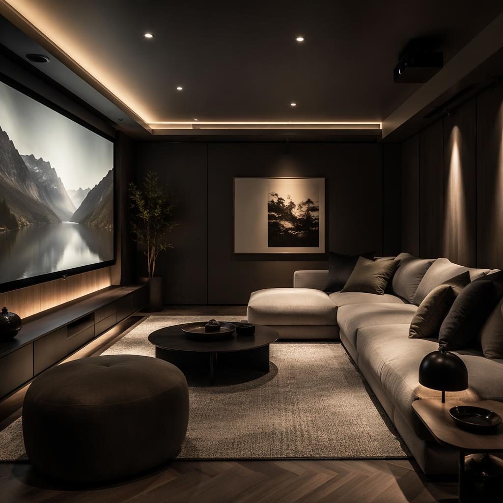 Dunkles luxuriöses Home-Cinema-Interieur mit salbei-cremefarbenen Tönen, Naturmaterialien, Pflanzen, Kunst und Textilien.