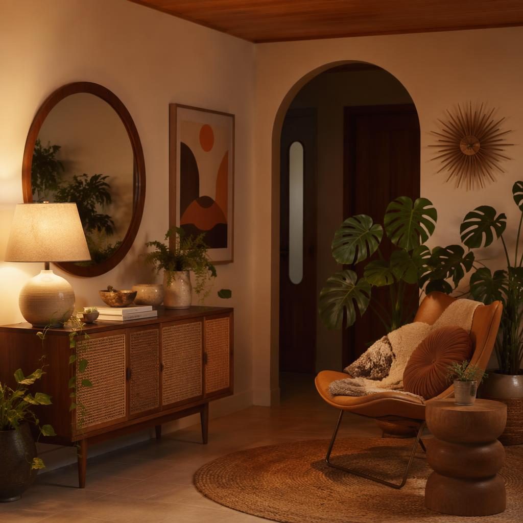 Boho entryway reading corner with plants, earth-tone textiles, natural wood furniture, art, and warm evening light.