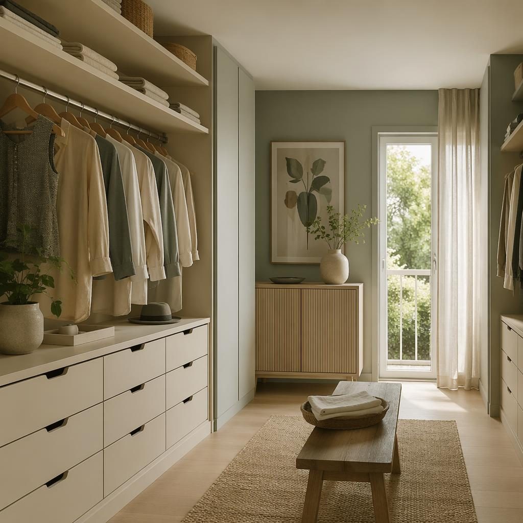 Realistic farmhouse walk-in closet with sage and cream palette, japandi balcony styling, soft daylight, plants and textiles