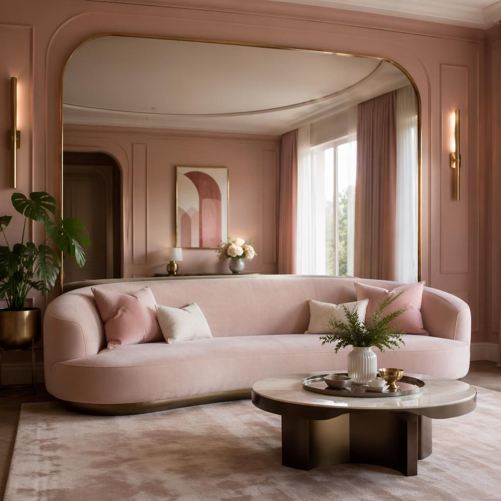 Teen bedroom styled like a pastel art deco living room with a big mirror, beige furniture, plants, textiles, and soft light.