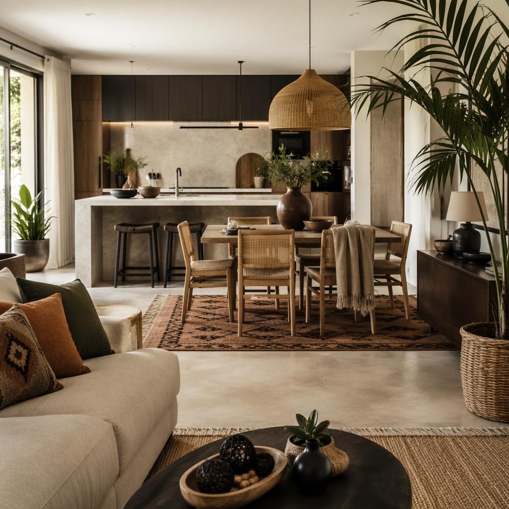 Cuisine contemporaine luxueuse aux tons terreux, coin repas bohème, tapis chauds, plantes et lumière douce, sans personnes.