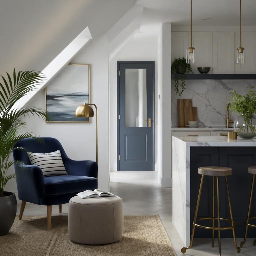 Minimalist white loft interior with a coastal reading nook, blue and brass accents, plants, textiles, and a kitchen door.