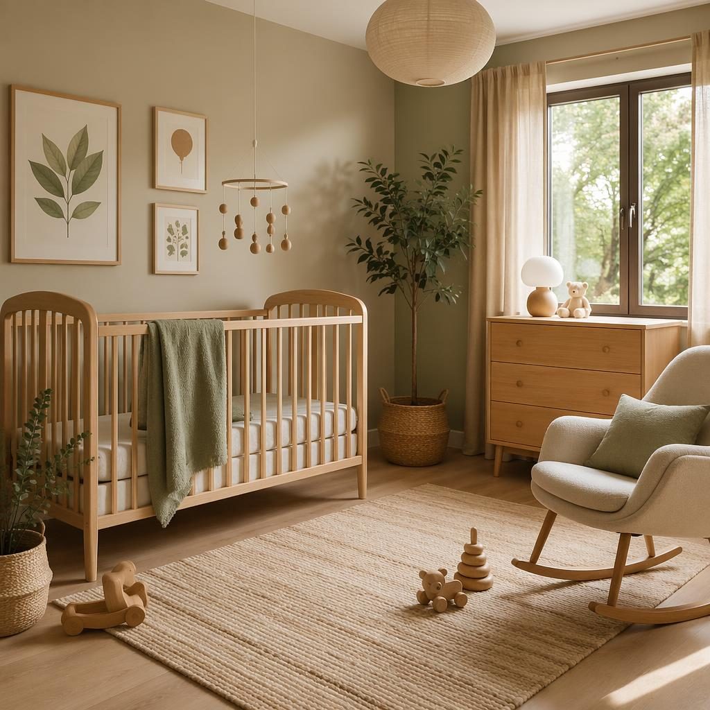 Render fotográfico de dormitorio infantil escandinavo con tonos tierra, madera clara, arte mural, textiles, plantas y luz natural suave.