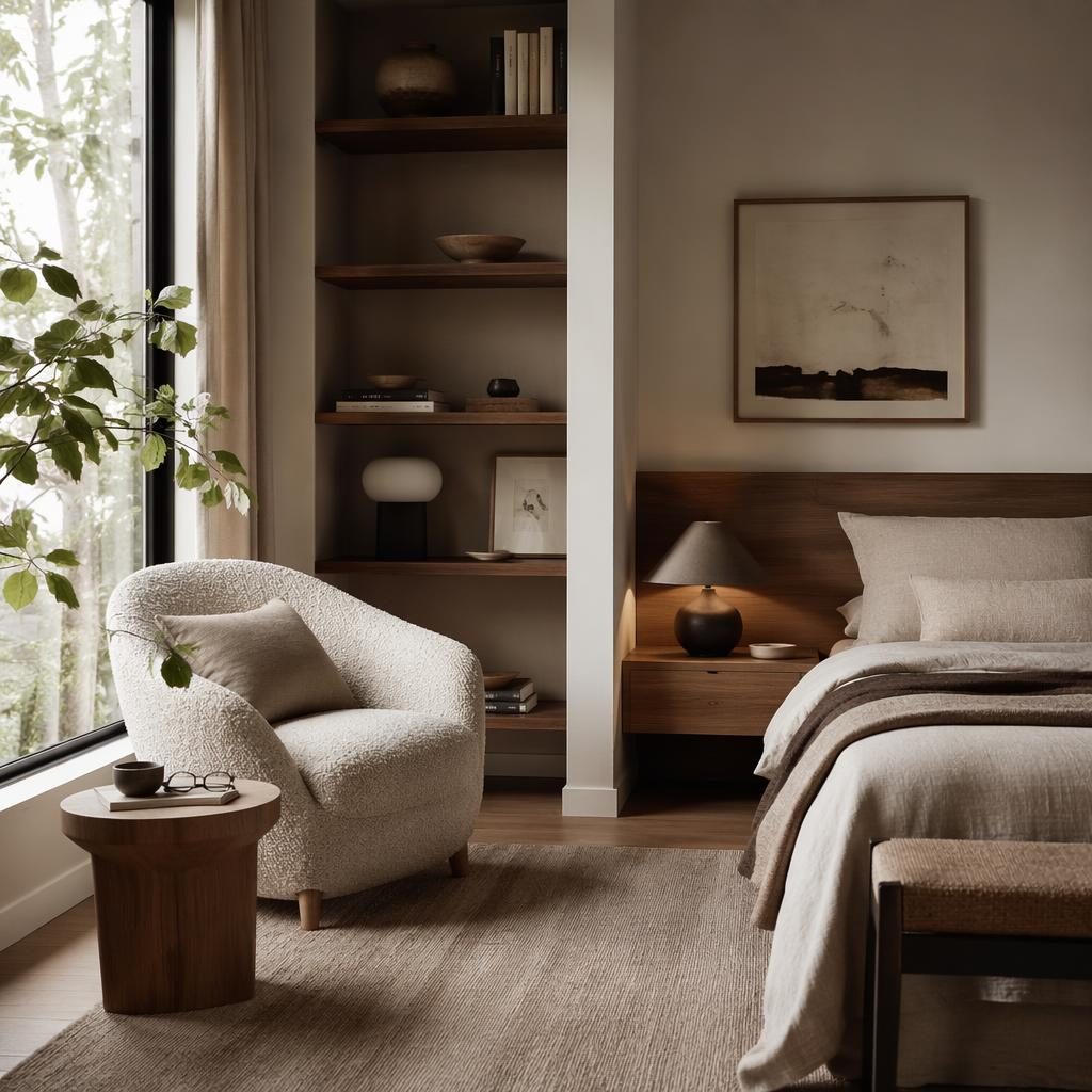 Skandinavisches Schlafzimmer mit Leseecke, Erdtönen, Holz, Textilien, Pflanzen und stimmungsvoller Beleuchtung