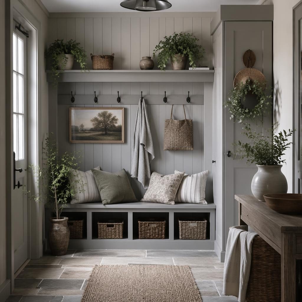 Mudroom estilo farmhouse en tonos grises, con madera natural, banco, cestas, plantas, arte textil y nevera integrada.