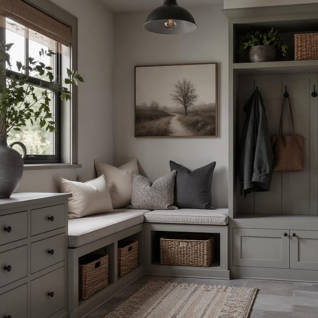 Farmhouse mudroom interior with built-in corner bench seating, cool grey palette, soft daylight, plants, textiles and natural wood.