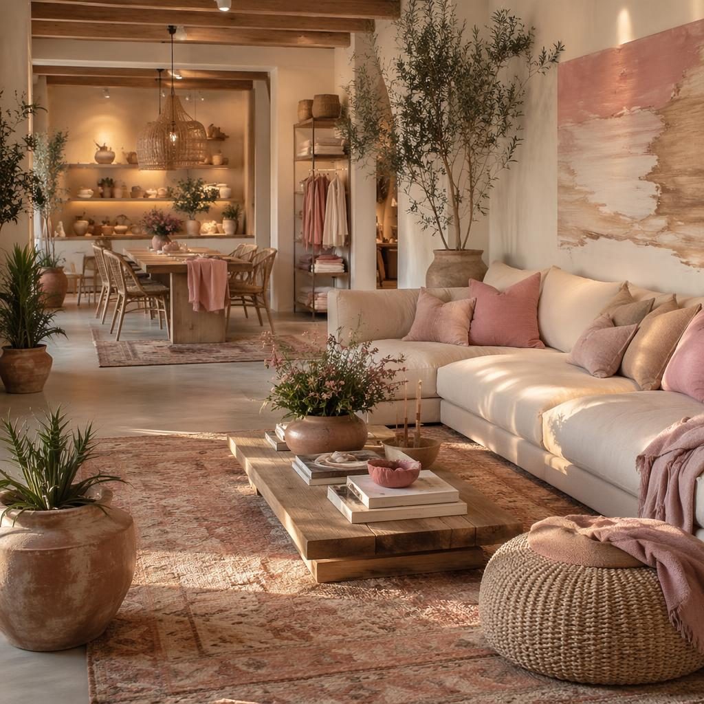 Coastal-inspired interior with pastel pink and beige decor, warm rugs, plants, art, and natural furniture in golden hour light.