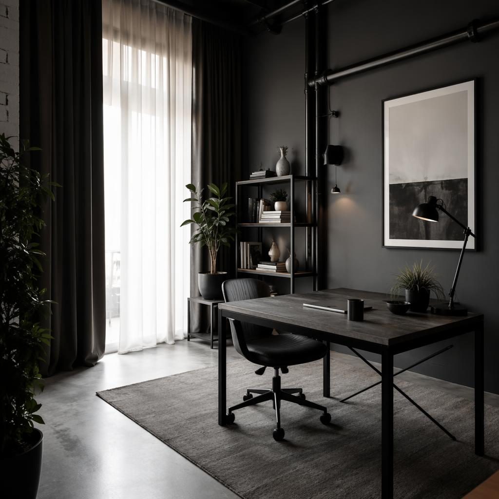 Despacho en casa industrial en blanco y negro con tuberías vistas, escritorio minimalista, plantas y textiles.