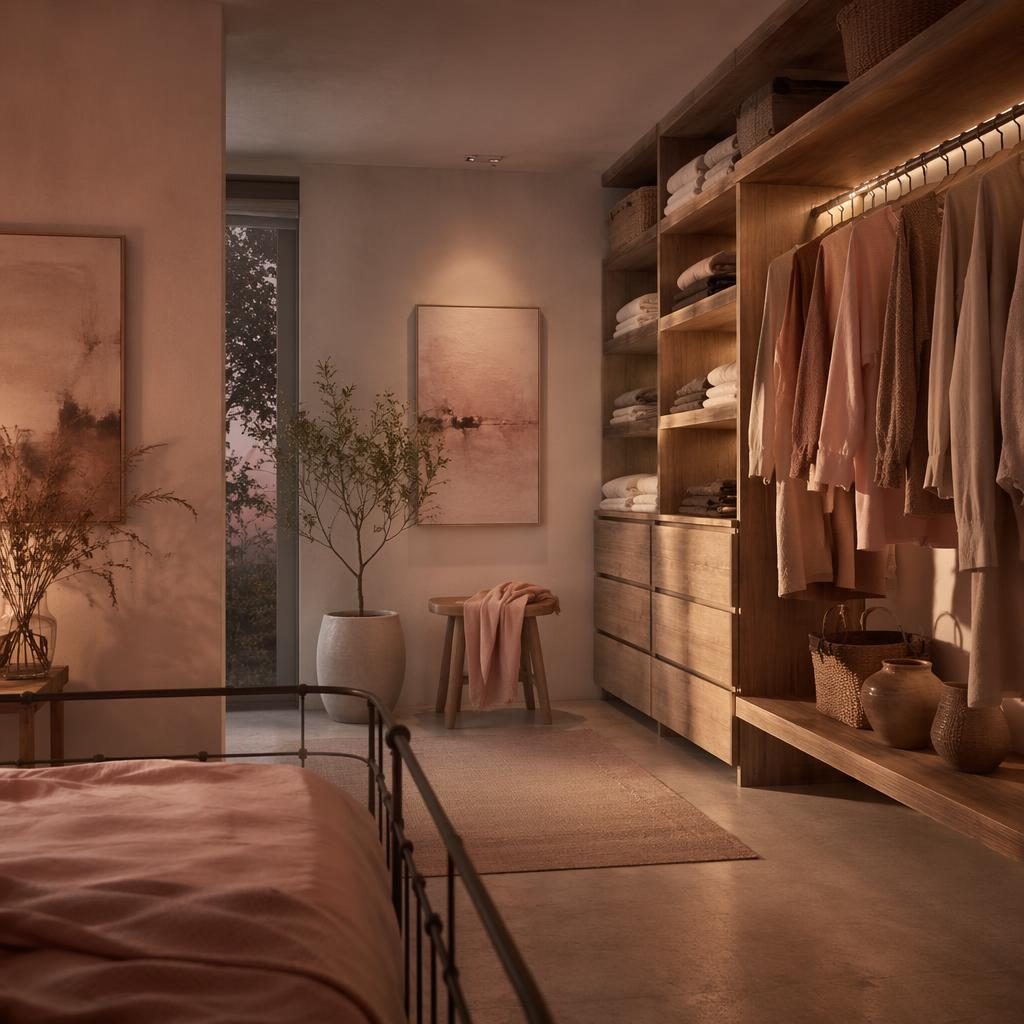 Realistic walk-in closet interior with pastel pink and beige tones, natural materials, plants, art, textiles, warm evening light.