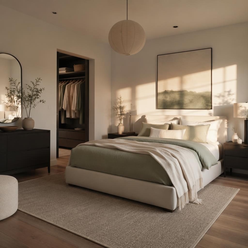 Japandi walk-in closet interior render with black and white palette, natural materials, plants, art, textiles, and golden hour light