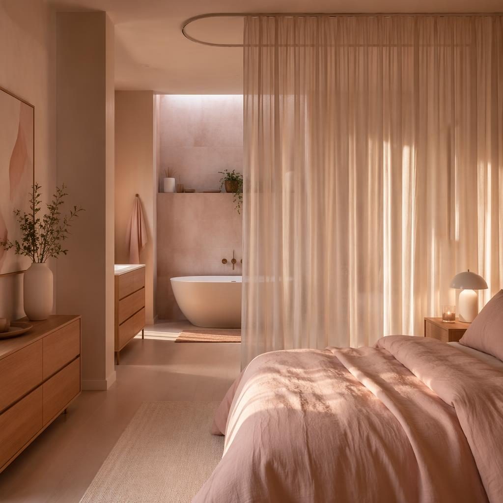 Scandinavian bedroom interior render with pastel pink and beige tones, soft curtains, natural materials, plants and art