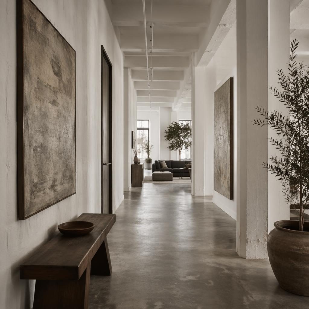 Couloir de loft blanc minimaliste avec matériaux naturels, tons terre, plantes, art textile et lumière diffuse.