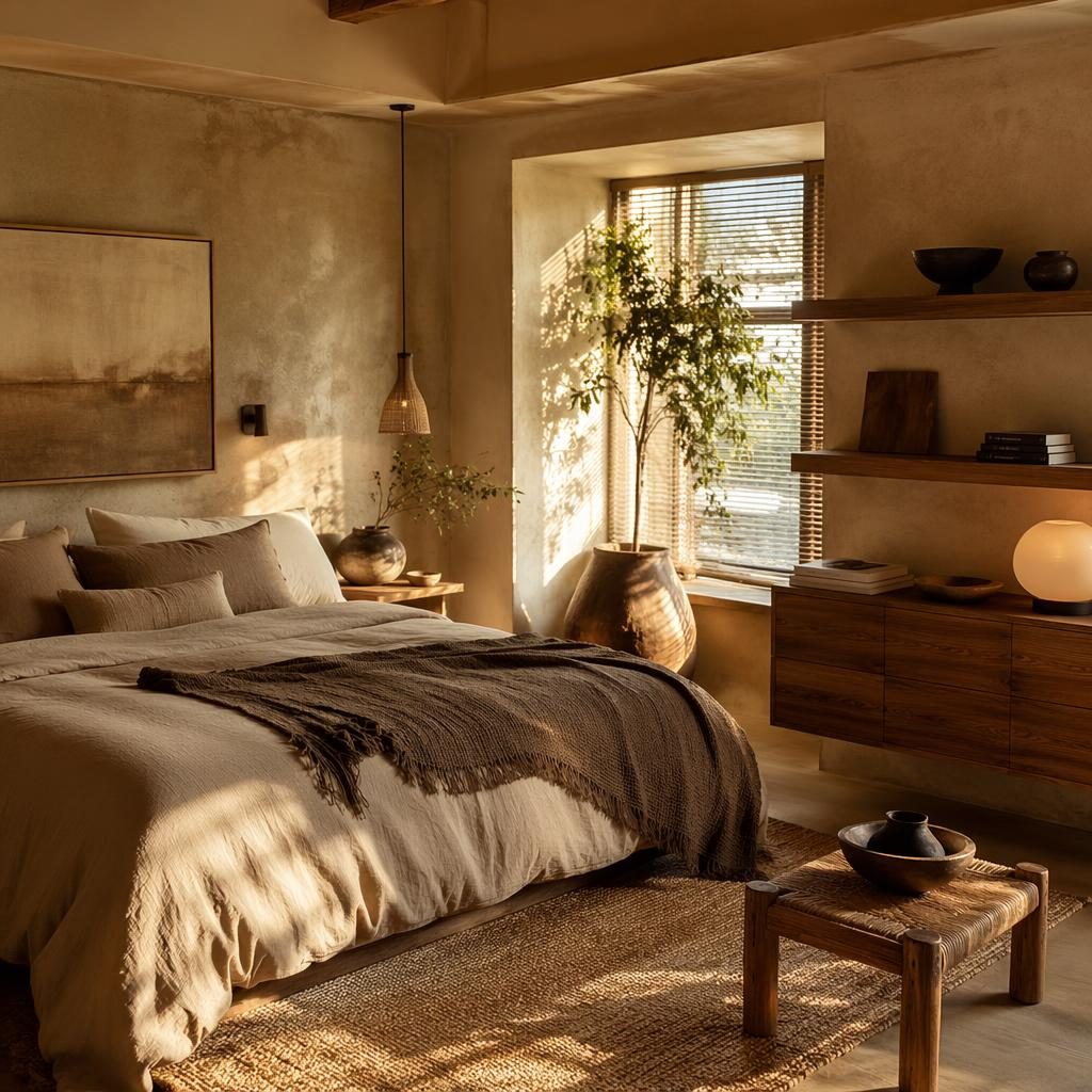 Dormitorio wabi-sabi con oficina en casa, tuberías industriales visibles, tonos cálidos, plantas, textiles y luz dorada.