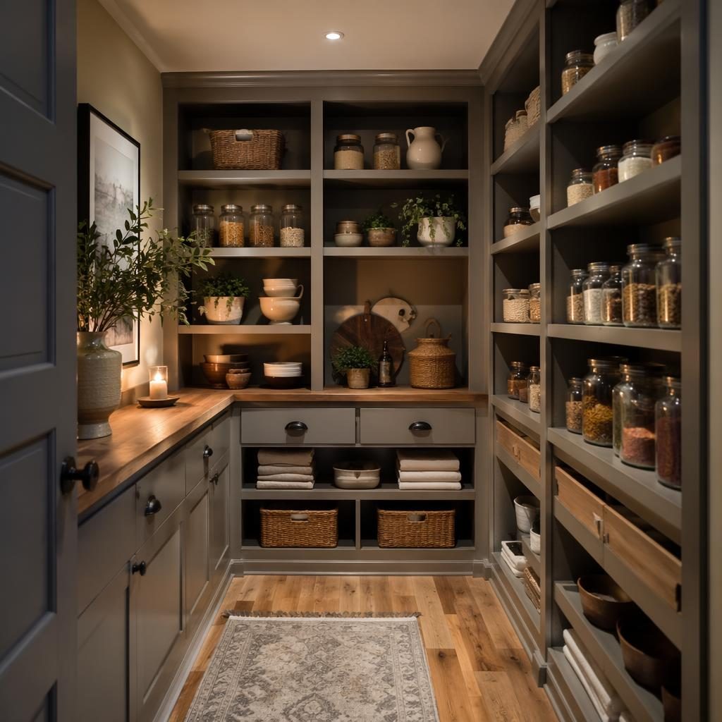 Realistic farmhouse walk-in pantry interior with cool grey cabinetry, warm evening light, natural materials, plants, art, and textiles.