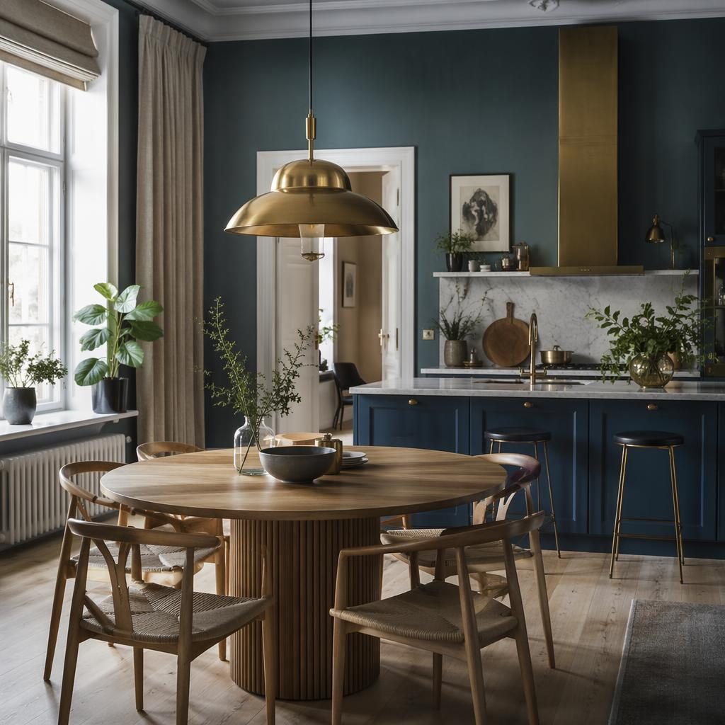 Scandinavian dining room with blue and brass accents, soft daylight, natural materials, plants, textiles, and art