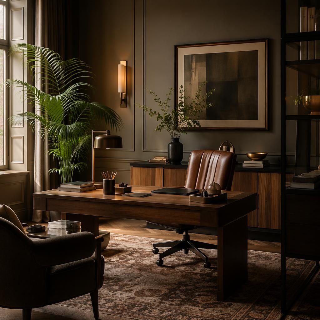 Bureau à domicile art déco aux tons neutres chauds, ambiance cinéma, matériaux naturels, plantes et mobilier soigné