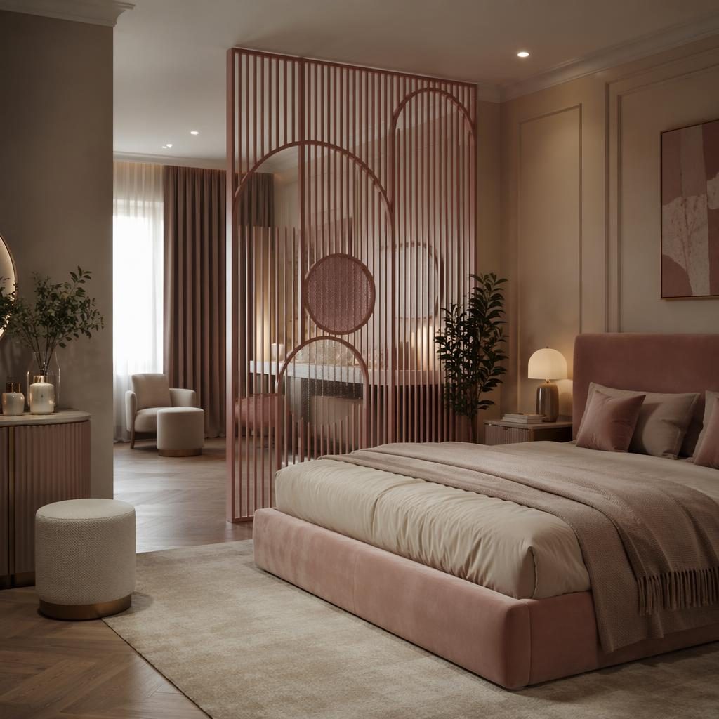 Mid-century art deco bedroom in pastel pink and beige with velvet textures, plants, textiles, and a unique partition design.