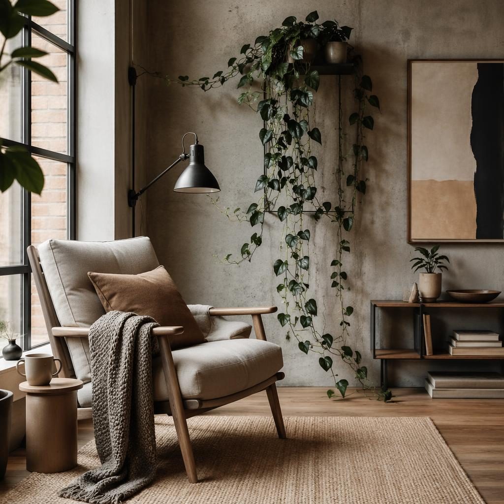 Scandinavian reading nook in an industrial living room with vine decor, warm neutral tones, soft daylight, plants and textiles.