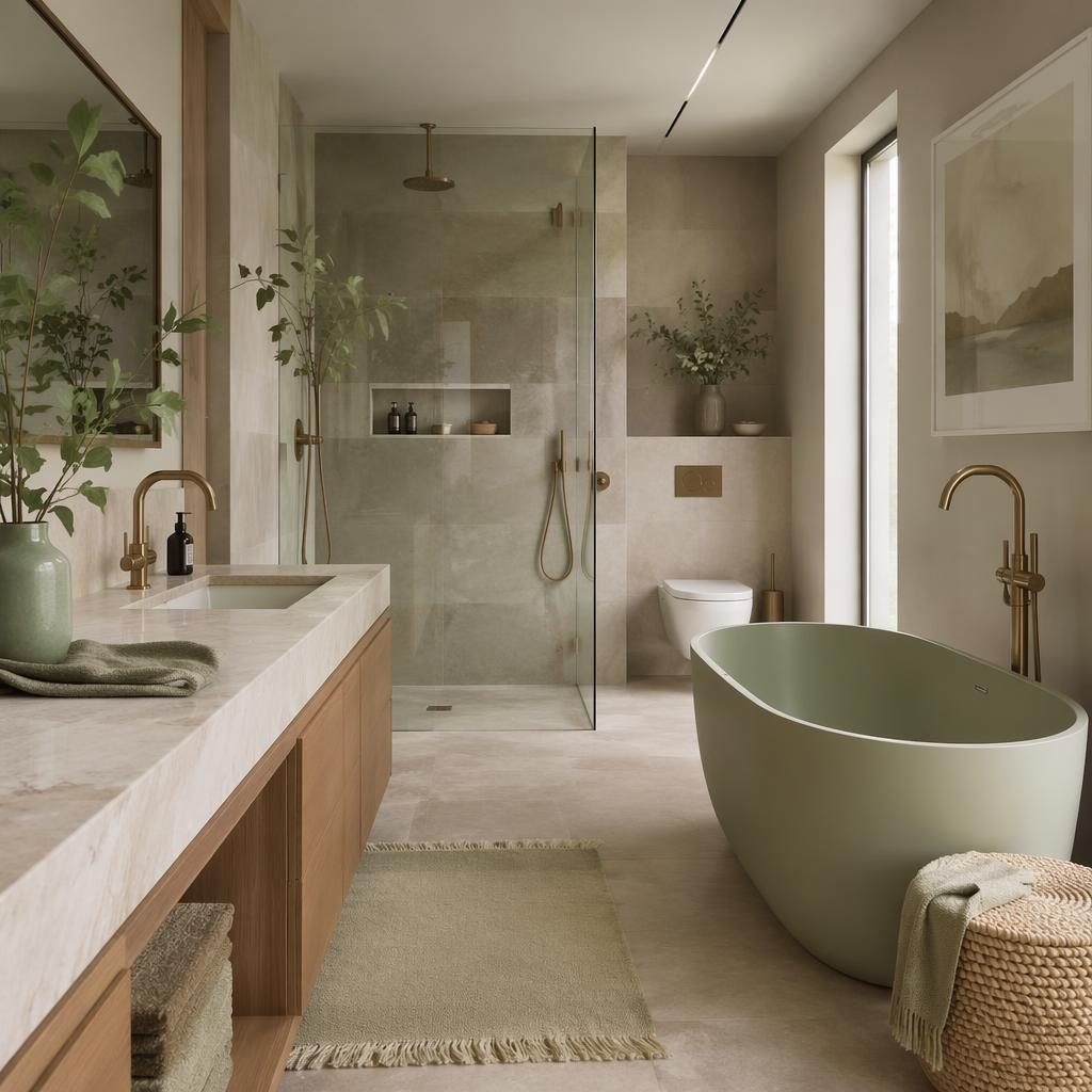 Baño escandinavo contemporáneo en tonos salvia y crema, con madera, textiles, plantas y luz difusa, sin personas.