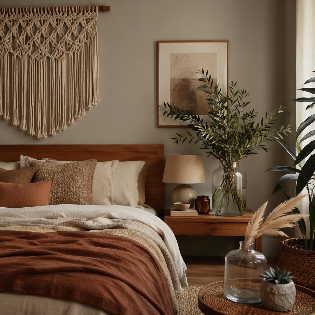 Dormitorio boho con macramé, tonos neutros cálidos, textiles, plantas, arte y jarrón de cristal decorado.