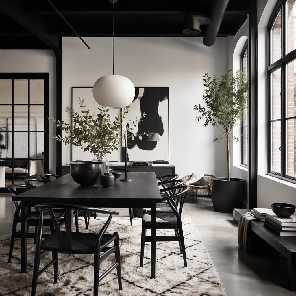 Salle à manger minimaliste noir et blanc dans un loft industriel, lumière douce, plantes, art mural et textiles.