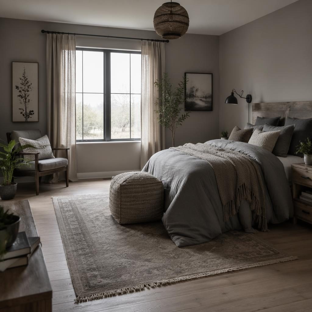Modern teen bedroom entryway with boho decor, cool grey palette, natural materials, plants, art, and soft diffused light.