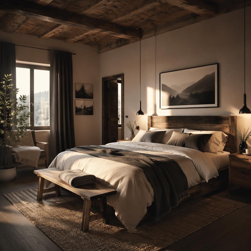 Skandinavisches Esszimmer in Schwarz-Weiß mit warmem Golden-Hour-Licht, Naturmaterialien, Pflanzen, Kunst und Textilien