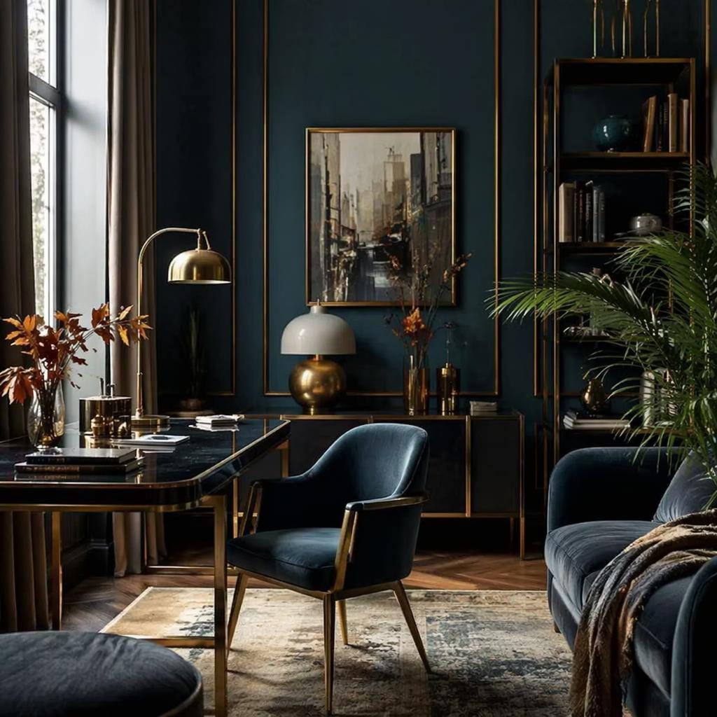 Oficina en casa art déco con paleta azul y latón, terciopelo, plantas, arte, textiles y luz difusa natural.