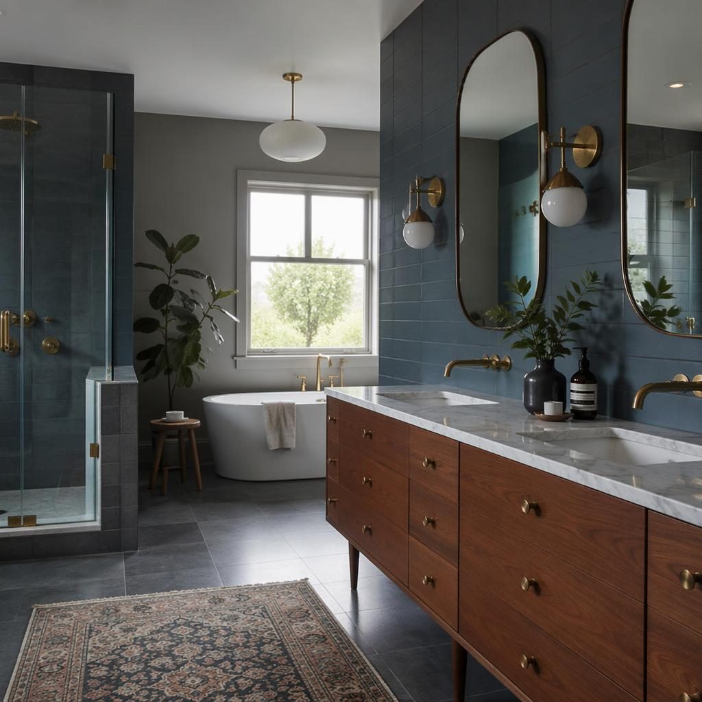 Scandinavian-style interior render with cool grey tones, blue and brass accents, natural materials, plants, art, and textiles.