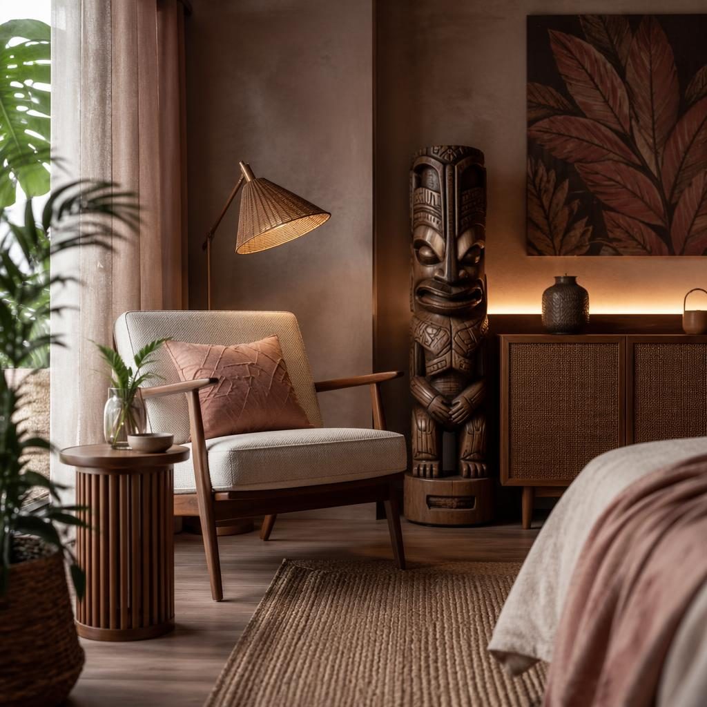 Japandi bedroom in pastel pink and beige with a mid century reading lounge, natural materials, plants, art and textiles