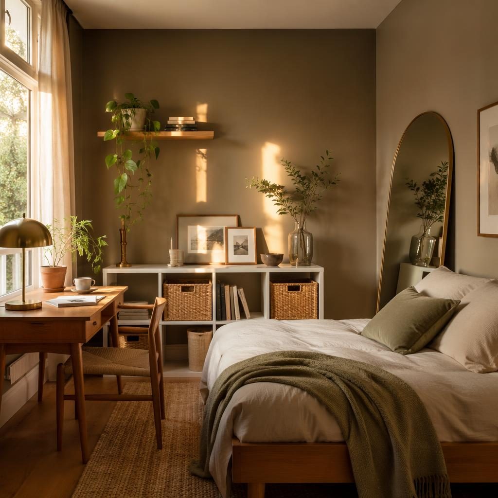 Dormitorio minimalista en tonos tierra con luz dorada, textiles suaves, plantas, arte mural y mobiliario sencillo.