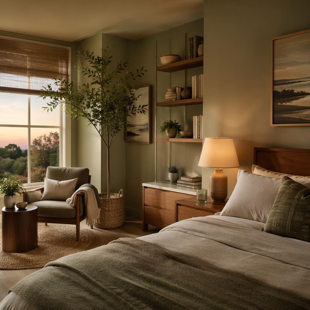 Coastal reading nook interior in sage and cream with teak furniture, plants, textiles, art, and warm evening light