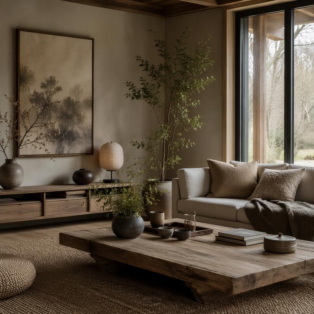 Japandi-Teeraum im Landhaus-Wohnzimmer mit warmen Neutraltönen, Naturmaterialien, Pflanzen, Kunst und Textilien