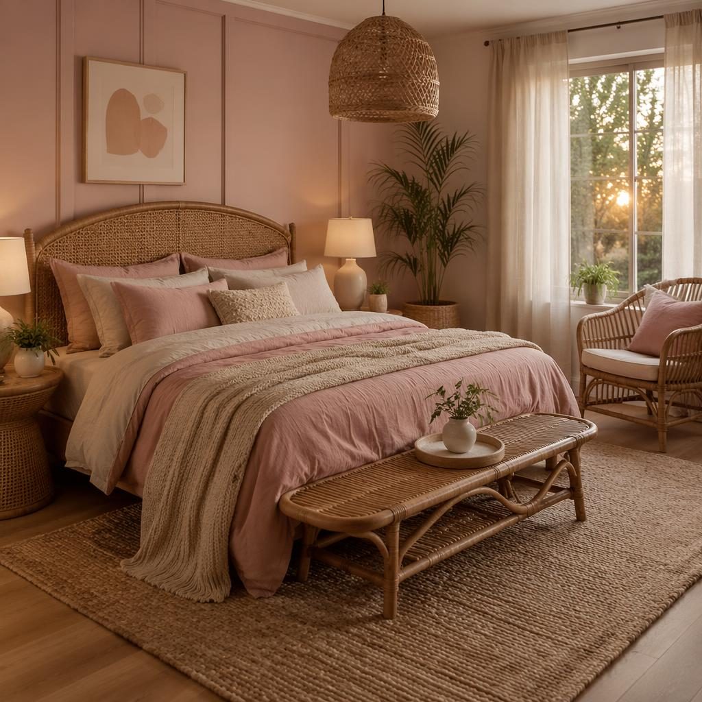 Boho farmhouse bedroom with pastel pink and beige decor, rattan furniture, plants, textiles, art, and warm evening light