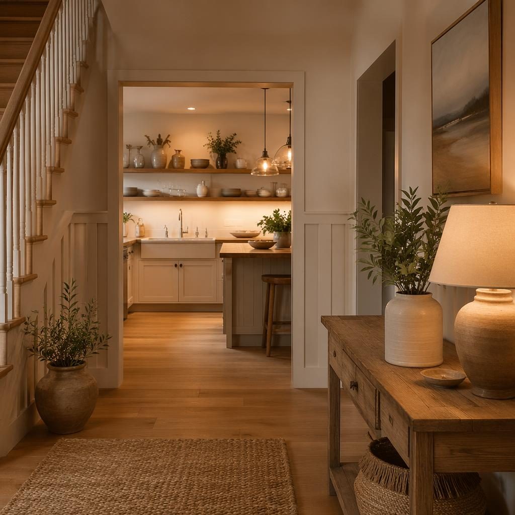 Entrée de ferme chaleureuse au soir avec palette terreuse, matériaux naturels et cuisine côtière à étagères ouvertes